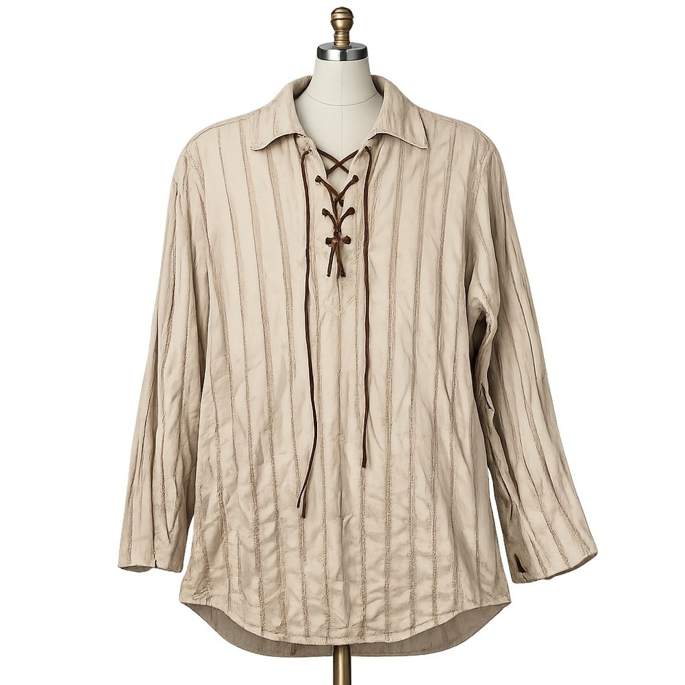 Kenzo Homme Mens XXL Lace Up Shirt Leather Tie Tan Boho Textured Long Sleeve